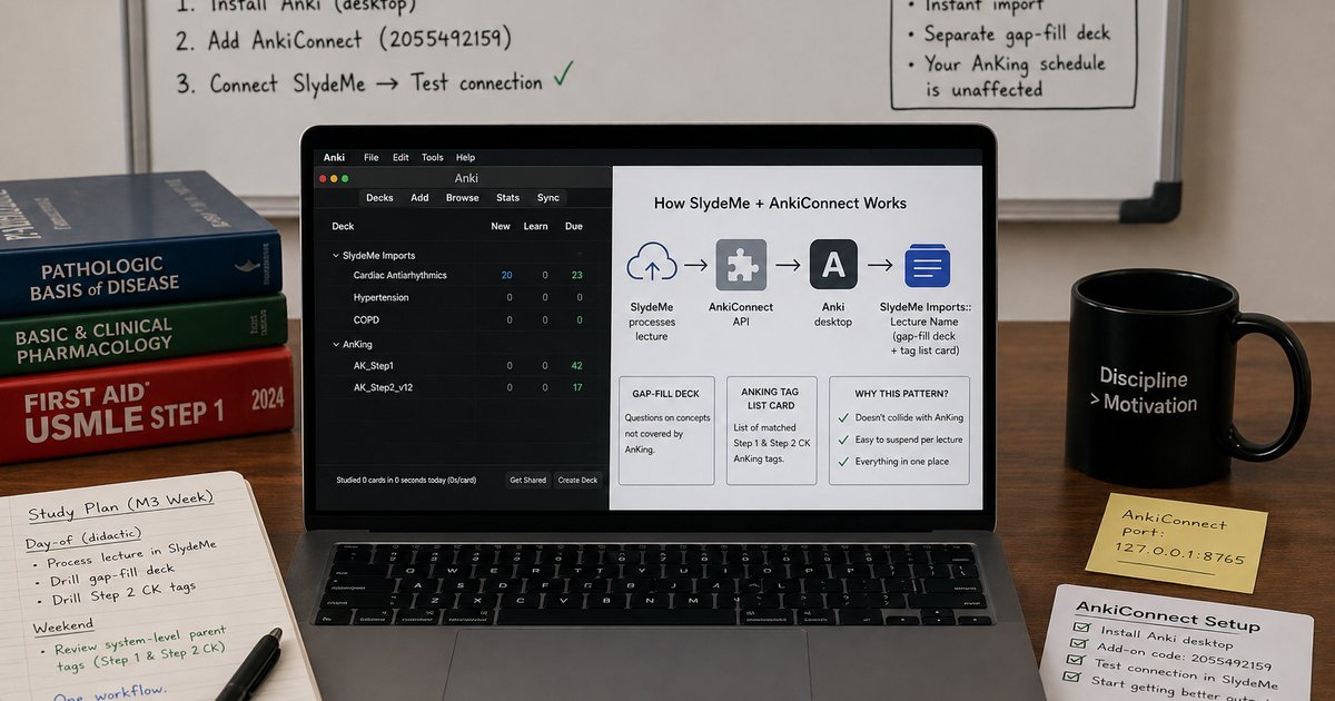 Anki app interface with AnkiConnect plugin enabled and a SlydeMe gap-fill deck imported